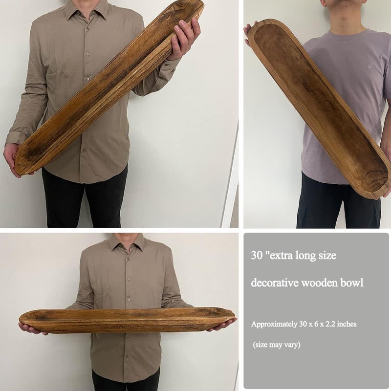 linsuo Wooden Dough Bowl Decor, Vintage Wooden Bowl Hand Carved Home Decor for Dining Table Center, Living Room, Kitchen Decor. (30inch brown) - Image 3